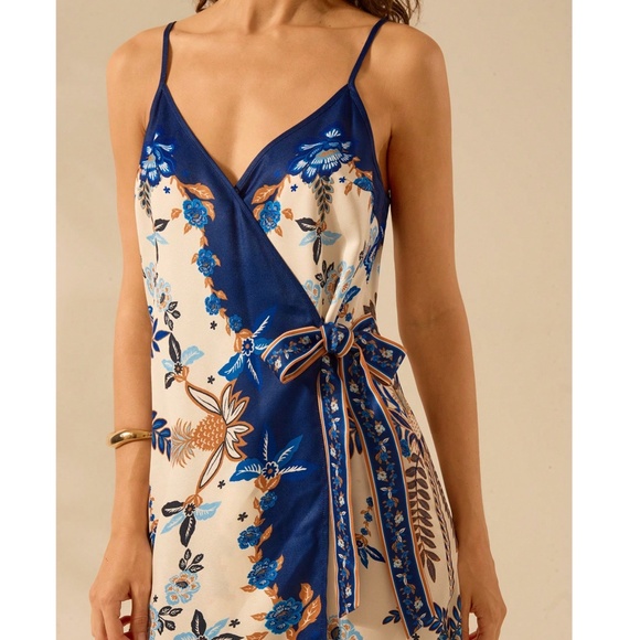 Boho Floral Print Vibrant Cami Straps Wide Tie Mini Dress - Picture 4 of 4
